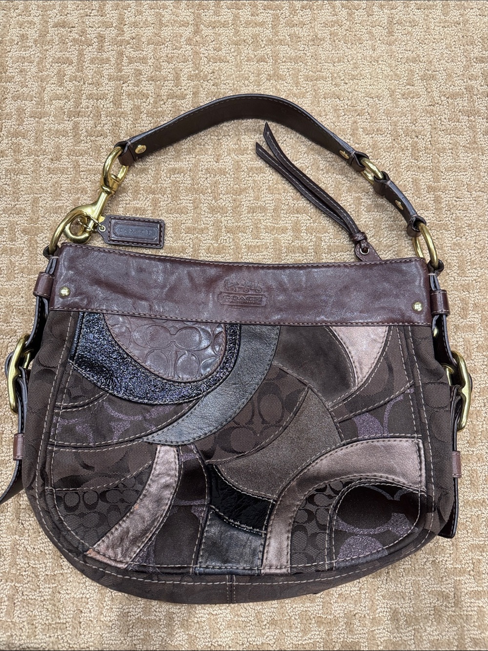 Coach Zoe Brown Patchwork Leather & Suede Shoulder Bag